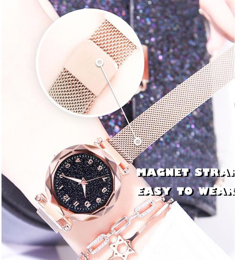 Women Fashion Luminous Numbers Starry Sky Quartz Watch Magnetic Wristwatch Buckle