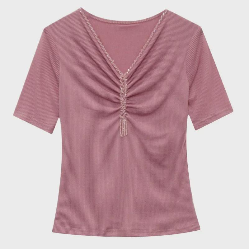 Damen Europäischer Stil Perlen V-Ausschnitt Mesh T-Shirt - Kurzarm, Vielseitig, Modische Sommerbluse