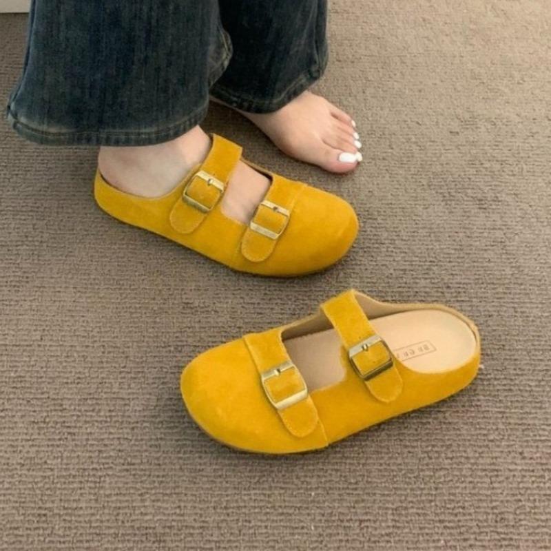 Fashion Baotou Slippers Spring New Round Head Beef Suede Shallow Mouth Metal Buckle Set Foot Soft Sole Non-slip Flat Shoes