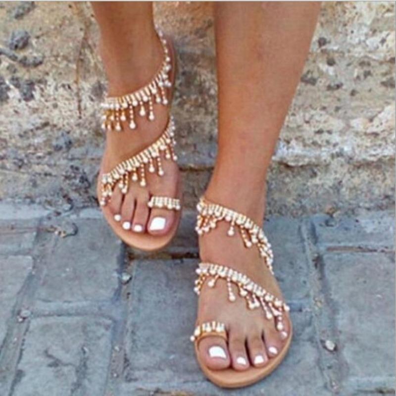 Fashion 1 Pair Women Beach Sandals Faux Pearl Tassels Flat Dressy Ankle Strap Open Toe Lightweight Women Casual Sandals Shoes