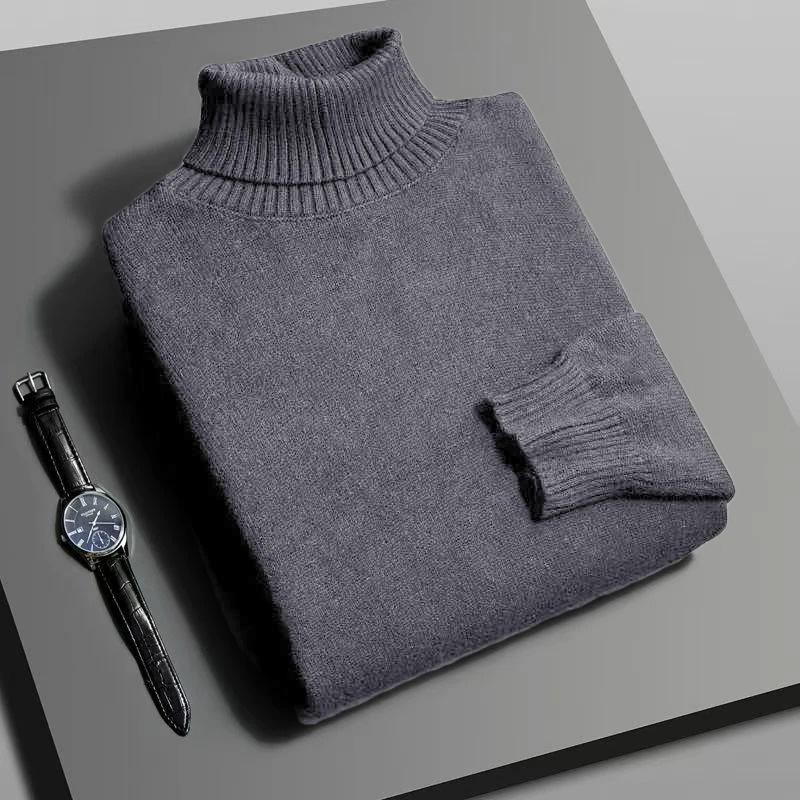 

Мужской осенне-зимний вязаный свитер с высоким воротником, высокоэластичный, с длинным рукавом, приталенного кроя, пуловер, простой стиль, мужская повседневная вязаная одежда XXXL темно серый