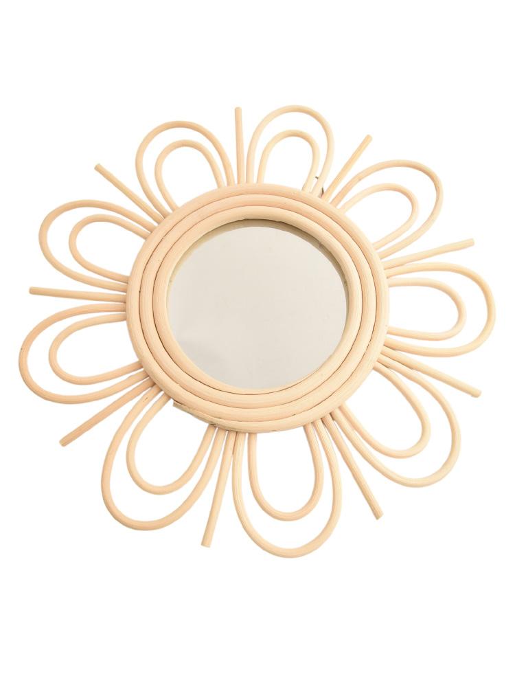 Rattan Bohemian Hanging Wall Mirror with Glass Center for Living Room Bedroom Decorative Sunburst Round Art Piece
