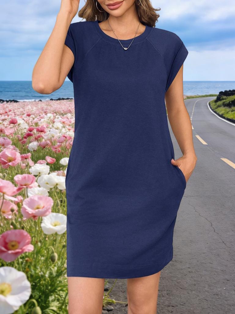 Womens Shift T Shirt Dress Crew Neck Cap Sleeve Loose Mini Summer Dress