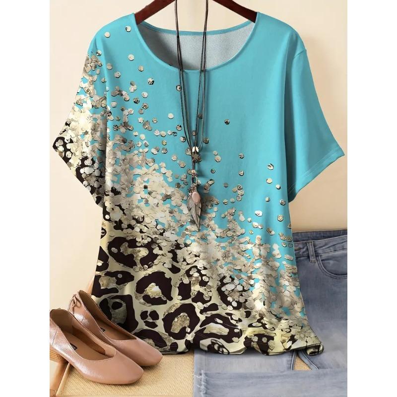 Vibrant Short Sleeve Top Spring & Summer Comfortable Casual Womens Curvy Fashion Clothing Plus Size Geometric Chic T-Shirt