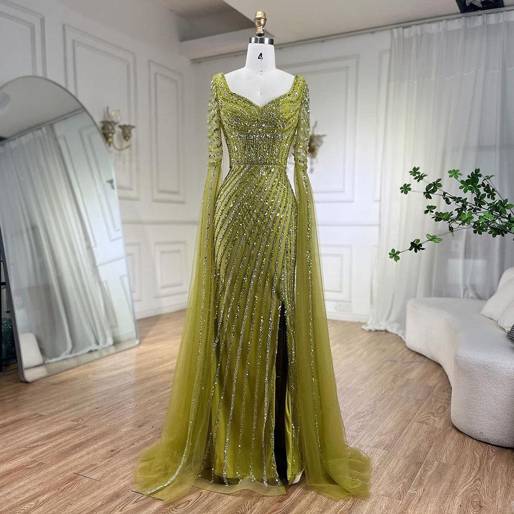Caramel color flying sleeve evening dress, high-end bead fishtail art exam solo host long dress LA11911