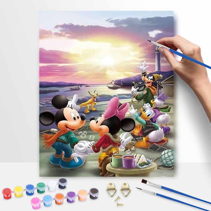 Disney oil painting painting art Mickey and Minnie sunset beach handmade diy painting home decoration gift 20x30cm