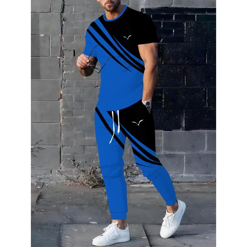 Men's 3D Printed Fashionable Blue-striped T-shirt Pants Set | Round-neck Short-sleeved T-shirt and Elastic-waist Loose Pants