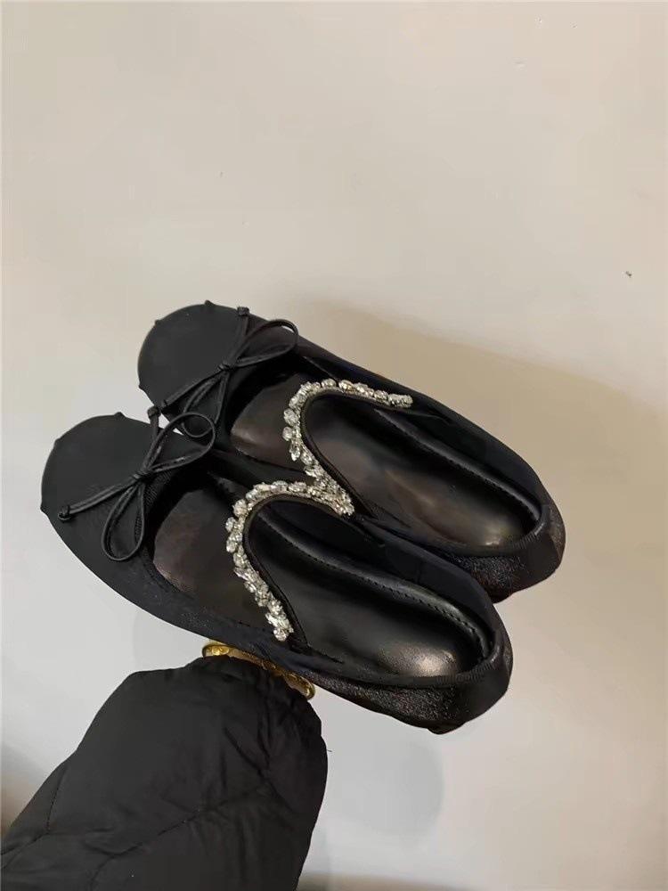 Inner Heightening Ballet Shoes Women's Flat Bow Rhinestone Mary Jane Shoes One-word Strap Shoes