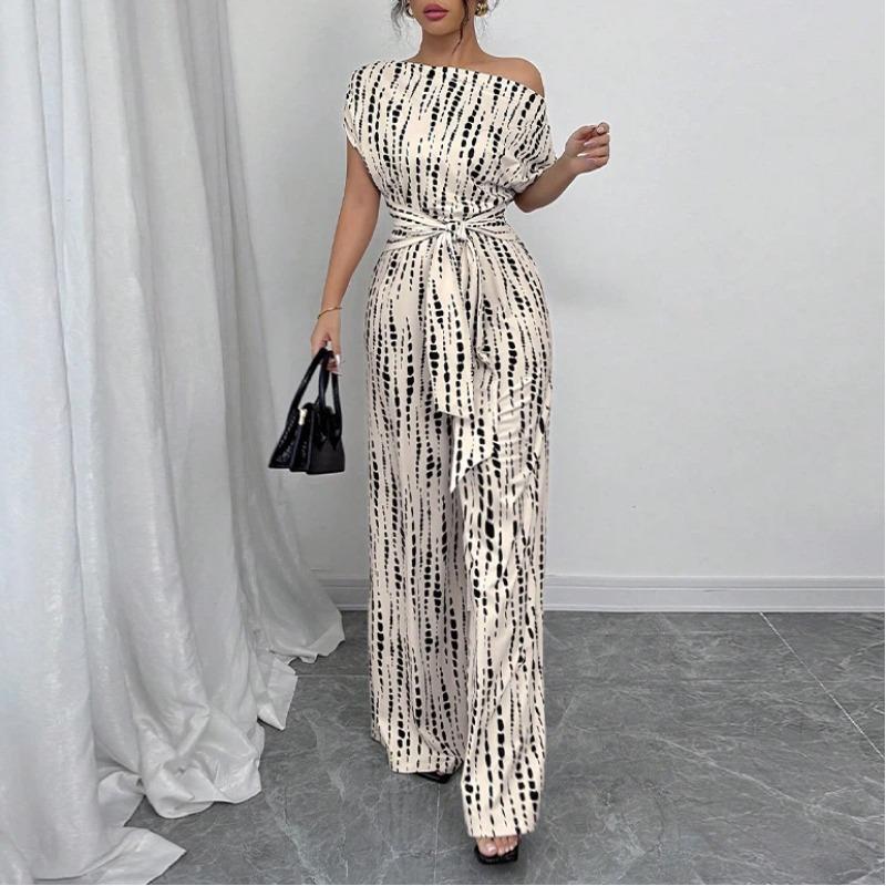 Women Off Shoulder Abstract Print Belted Wide Leg Elegant Jumpsuit