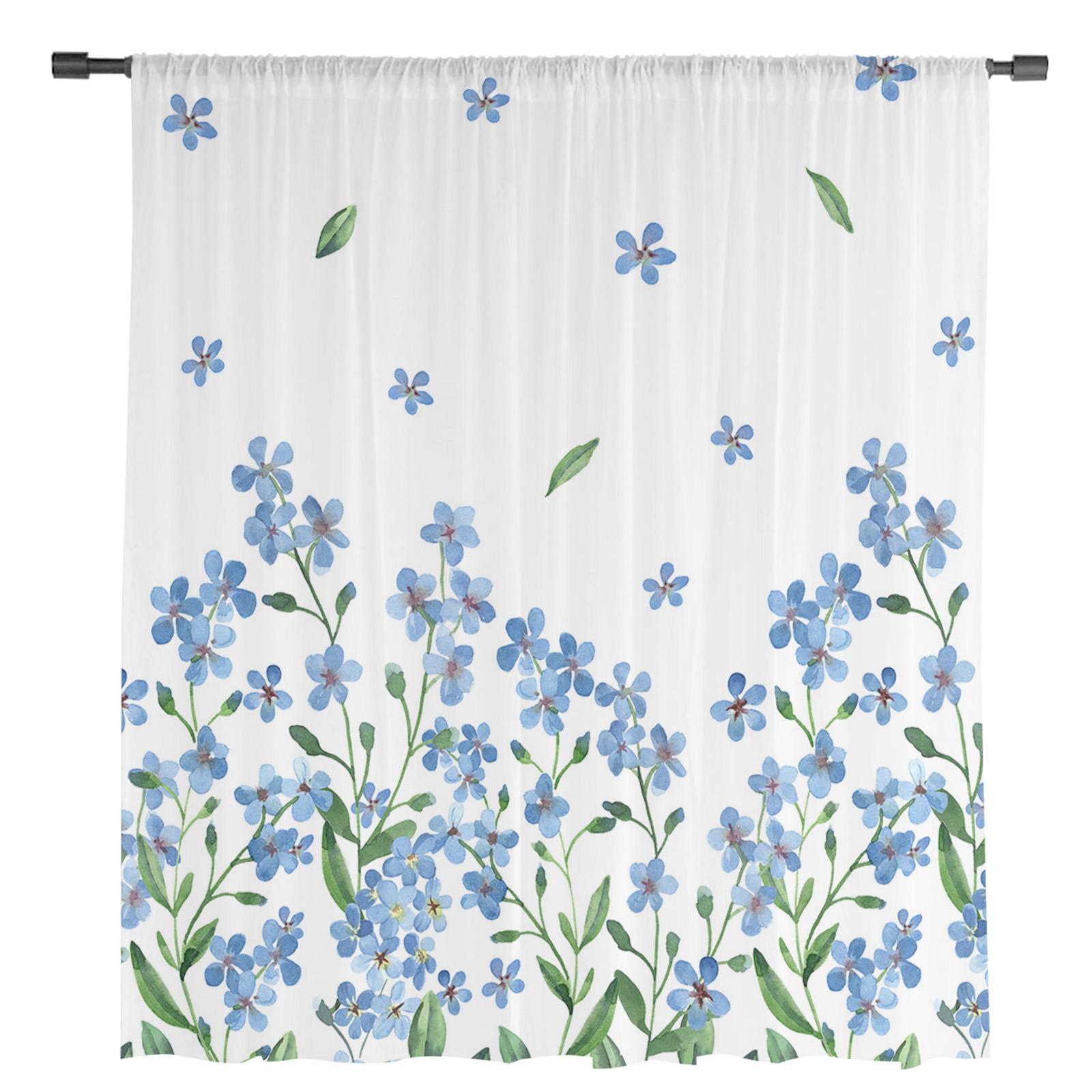 Весенние акварельные синие цветы Прозрачные вуалевые занавески для окон Тюль Шторы — фото 2