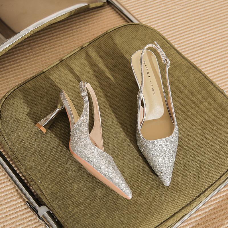 

75721 [sheepskin] high-heeled wedding shoes women s 2025 new pointed-toed empty sandals French stiletto shoes 39