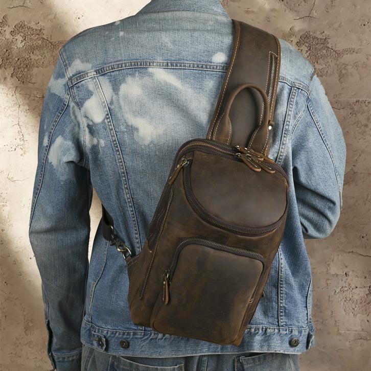 European and American Men's Chest Bag Retro Crazy Horse Leather Single Shoulder Backpack Breathable Large Capacity Crossbody Bag