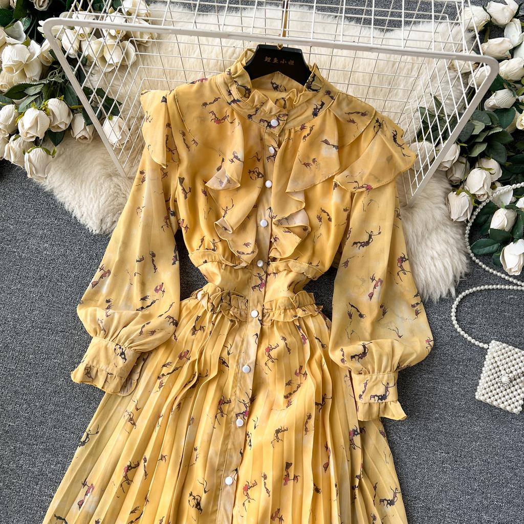 Autumn Women Vintage Printed Pleated Long Dress Female Red/Green/Blue/Yellow Draped Ruffle Single Breasted Maxi Robe Vacation Dresses