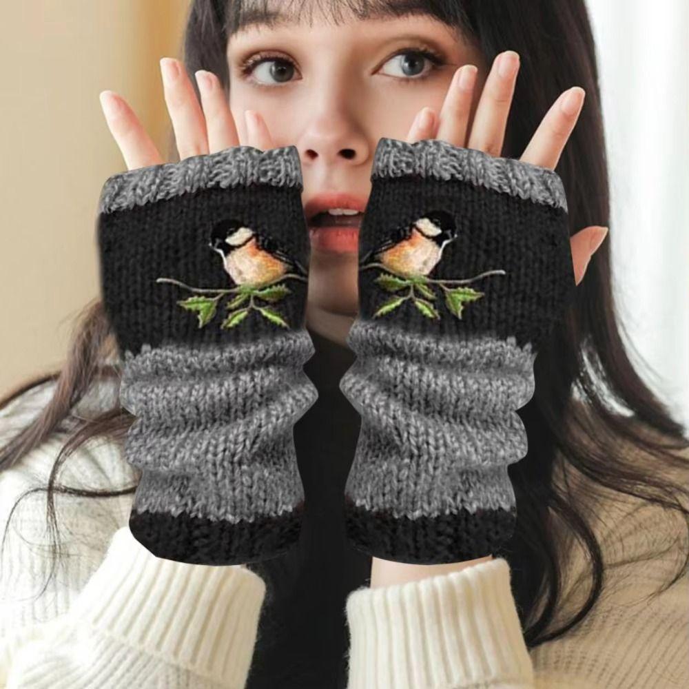 Warm Half Finger Gloves Embroidered Bird Fingerless Gloves Fashion Knit Mittens  for Men Women