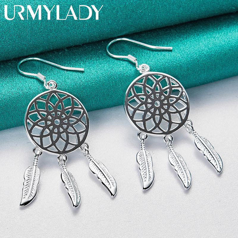 Pendientes redondos de plata de ley 925 con forma de flor y plumas, joyería con dijes