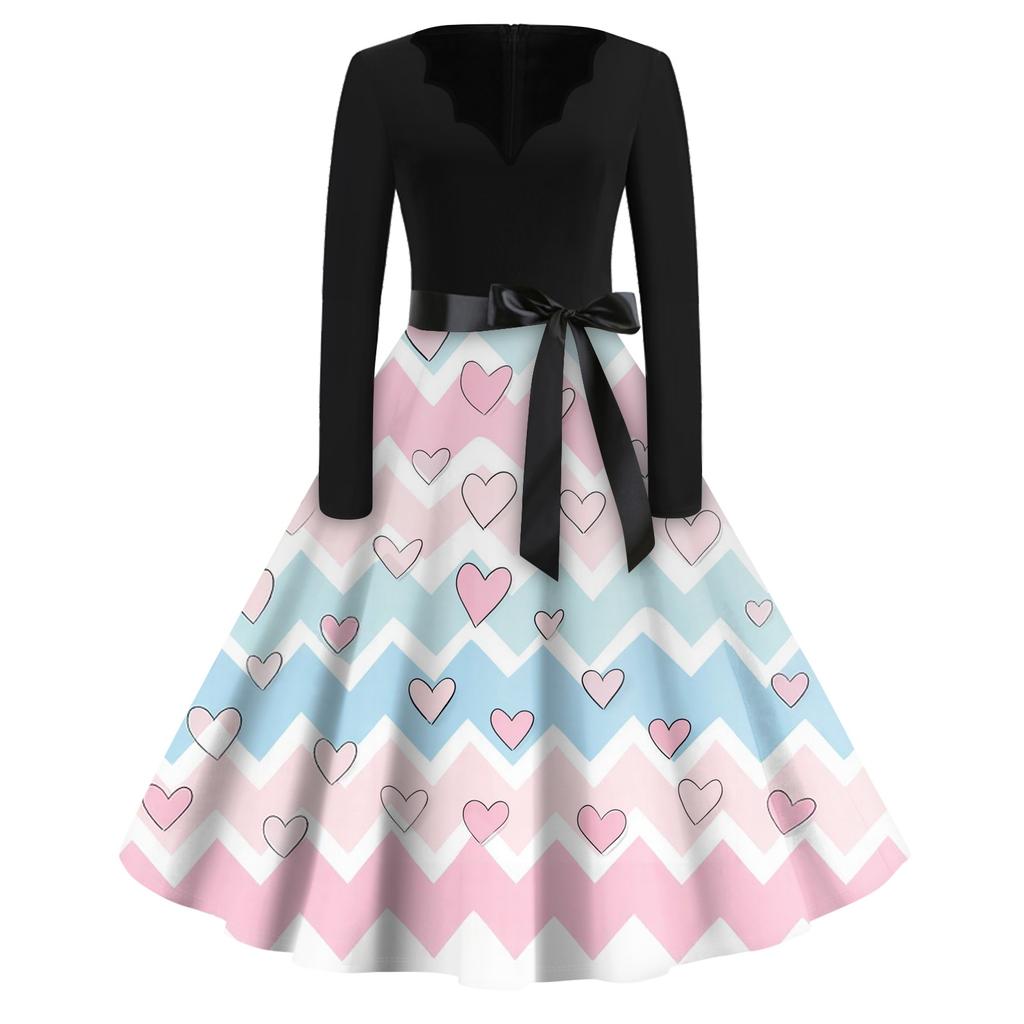 Print Flare Dress For Women Long Sleeve Dress Hollow Party Casual Dresses