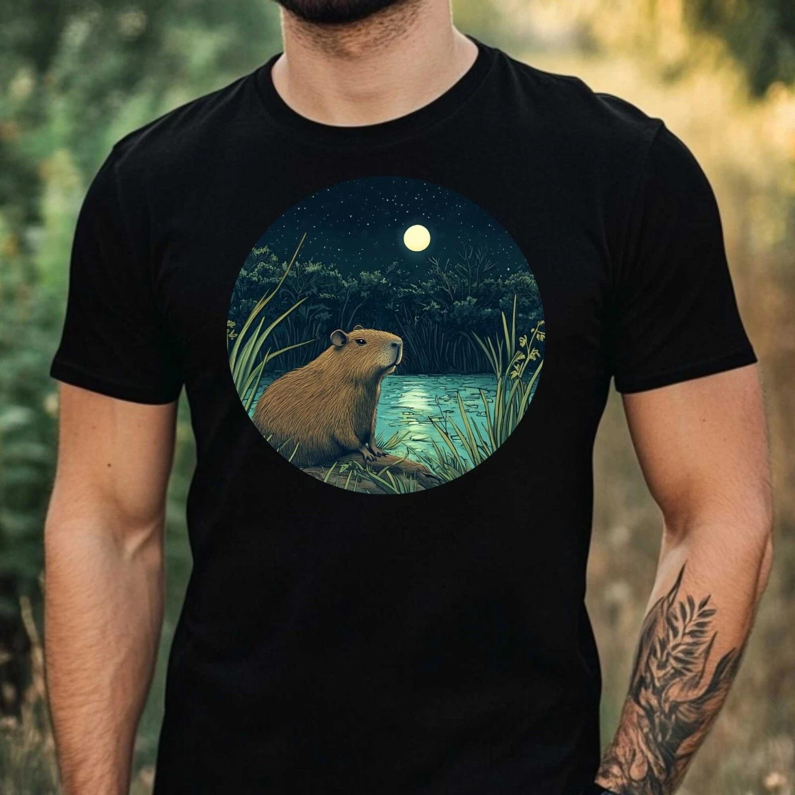 T-Shirt Herren Capybara im Mondlicht Motiv Baumwolle Größe XS bis 5XL L
