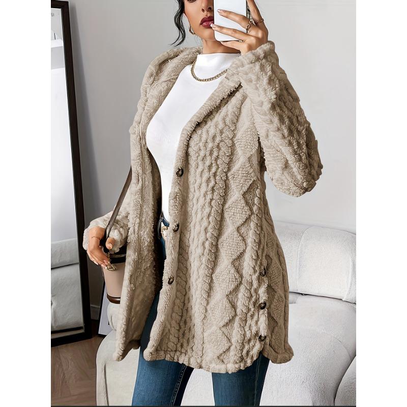 [Cozy Winter Cardigan] Warm & Cozy Women's Winter Plush Diamond-Patterned Hooded Cardigan | Longline Loose Fit Open Front Long Sleeve Coat