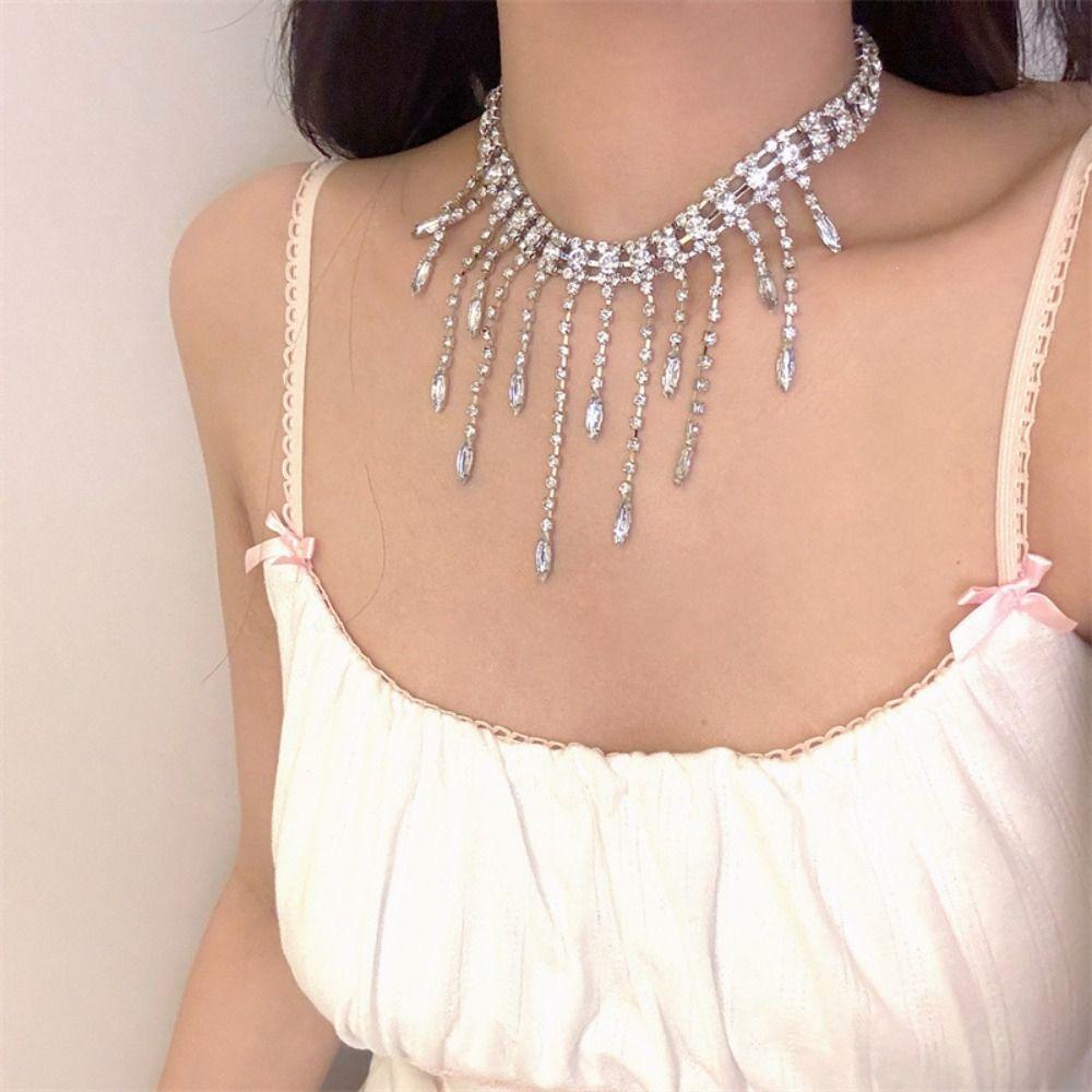 Geometric Full Rhinestone Necklaces Sparkling Wedding Bride Jewelry Cute Tassel Necklaces  Wedding