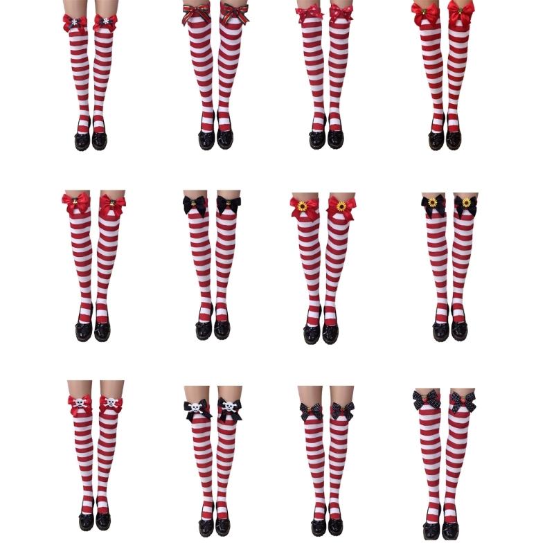 Festival-Schleifenakzent Gestreifte Lange Socken für Damen Weihnachtsfeiern Cosplay Oberschenkelhoch Über dem Knie Strümpfe Strumpfwaren