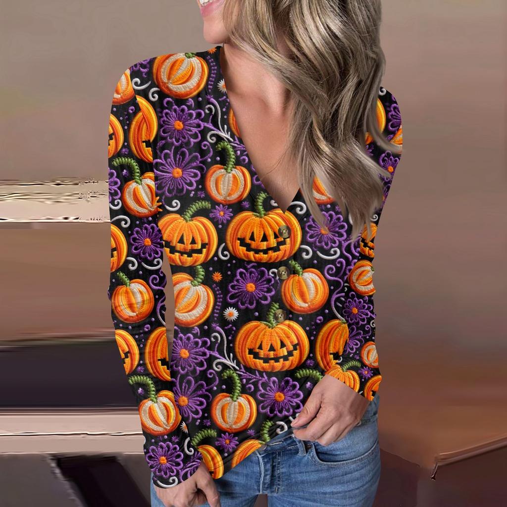 Lässiger Pullover mit V-Ausschnitt und Halloween-Print für Damen