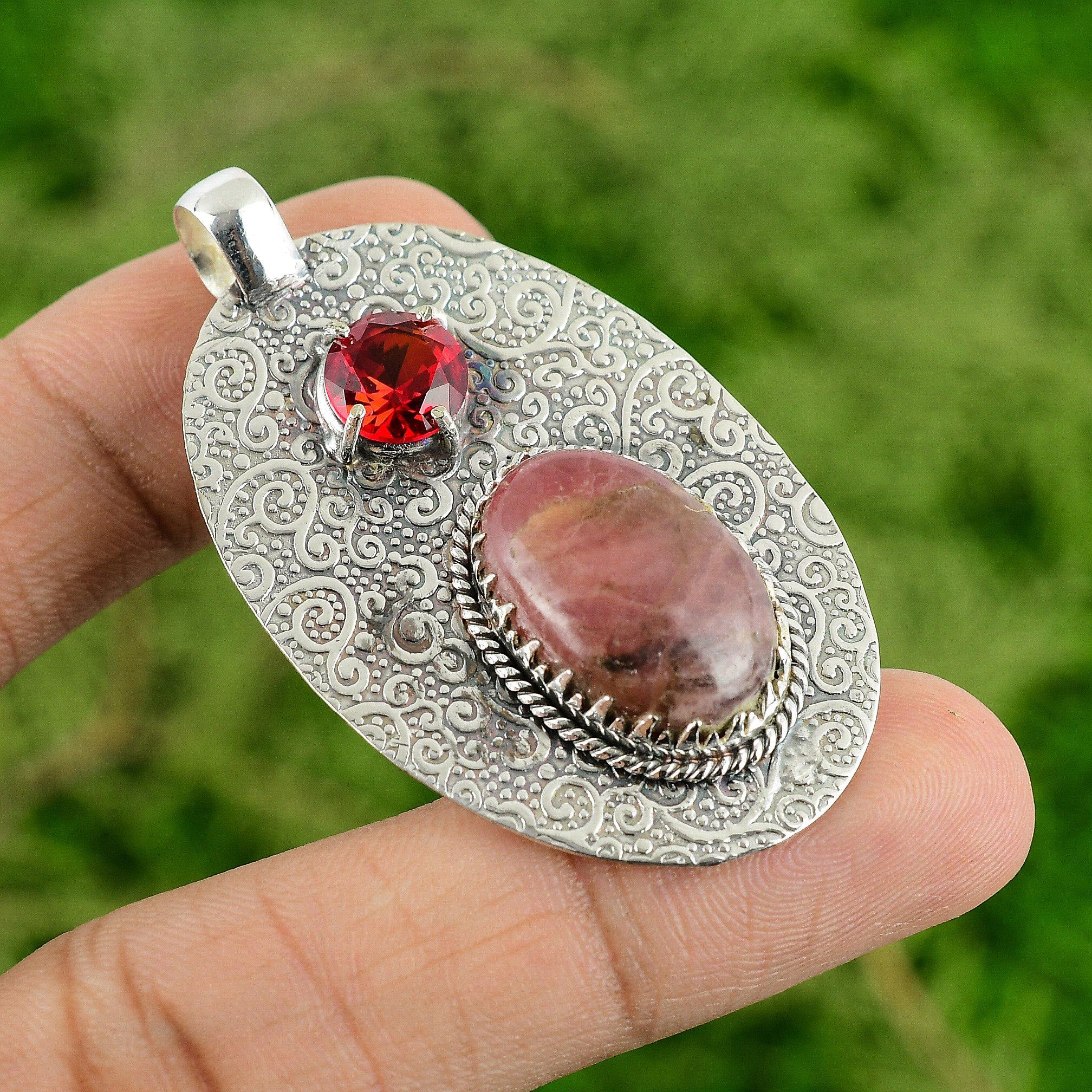 

Rhodonite Gemstone Mozambique Garnet Sterling Silver Birthday Pendant Jewelry