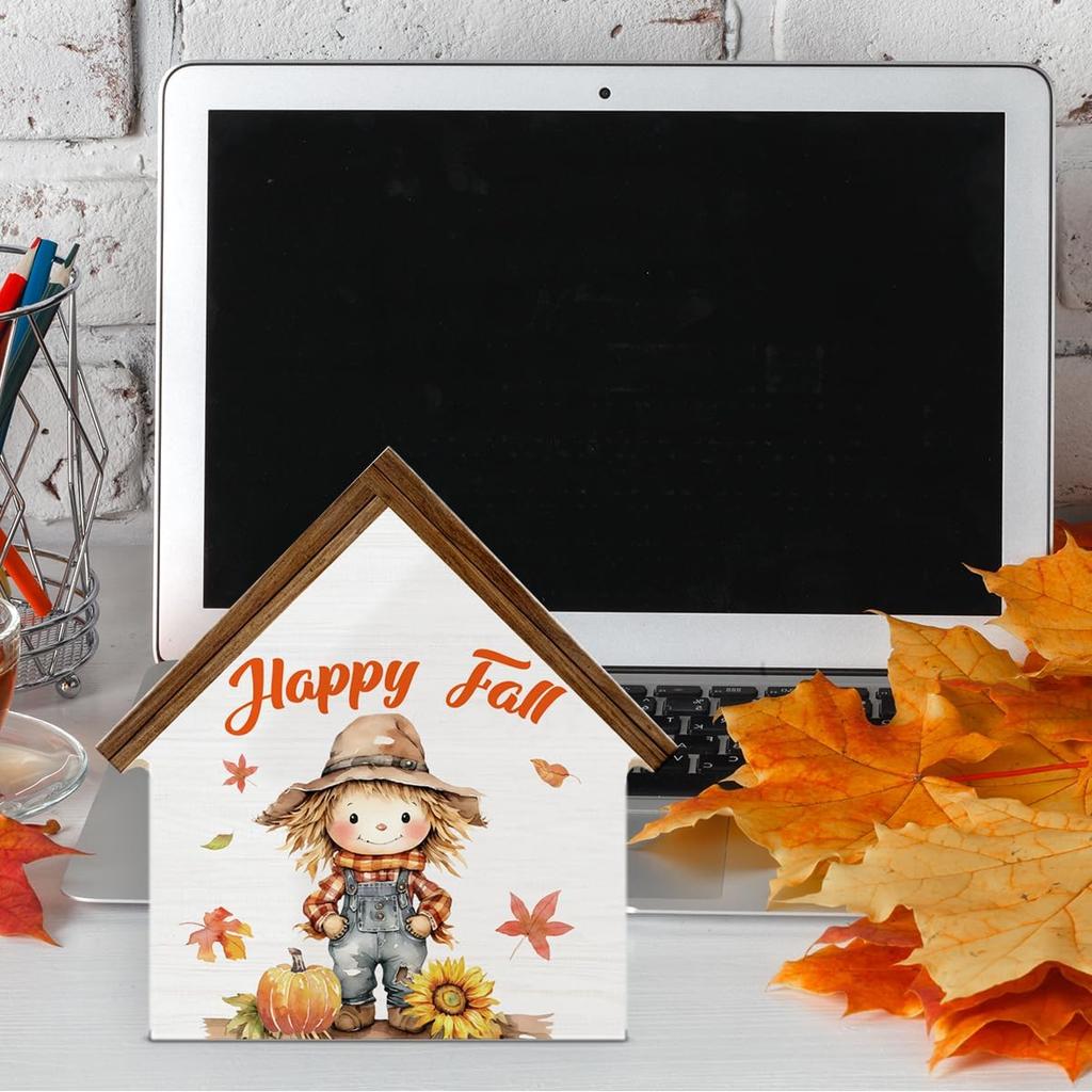 Scarecrows Fall Decor, Pumpkin Scarecrow Happy Fall House Shaped Wood Block Sign, Autumn Farmhouse Home Decor for Desk Table Shelf