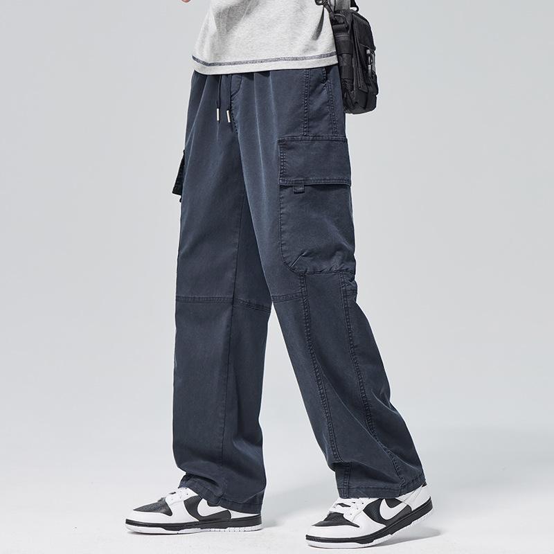 American trendy brand Lyocell large pocket overalls casual pants men's trend loose wide-leg straight elastic waist trousers