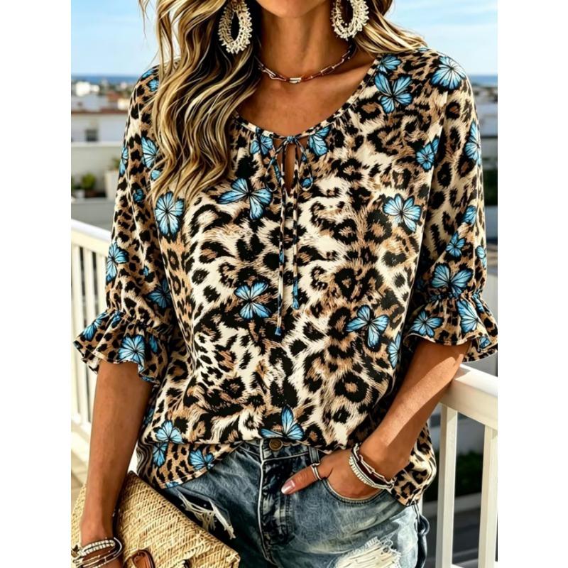 Women's elegant printed lace-up flared top, stylish and versatile, comfortable and skin-friendly