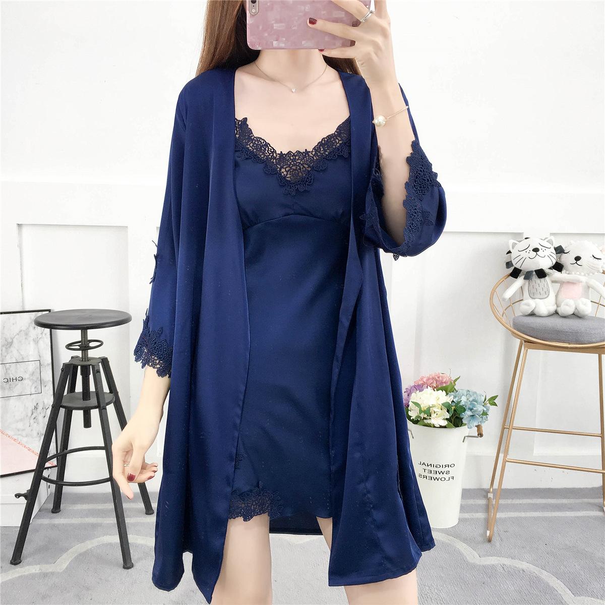 

Сексуальный женский ночной халат комплект интимное белье весна-лето кимоно халат платье пижамы комплект из двух частей свободное атласное домашнее платье 2XL