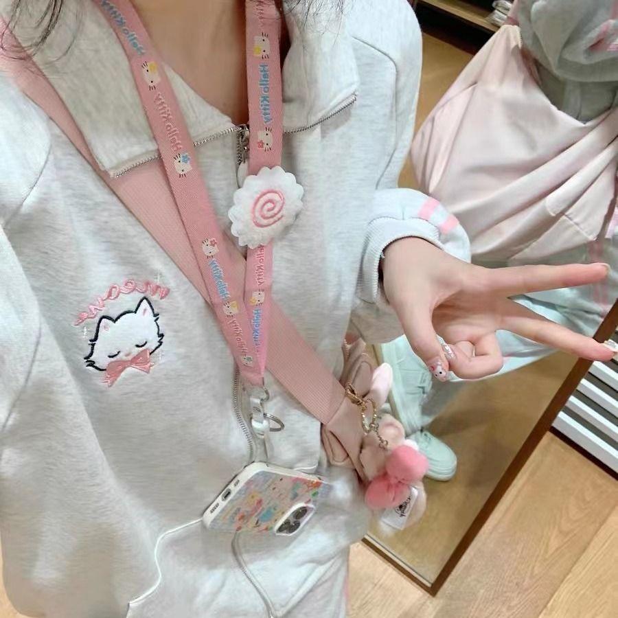 Японская мода Kawaii молния толстовка женская Harajuku милый розовый кот вышивка большой — фото 2