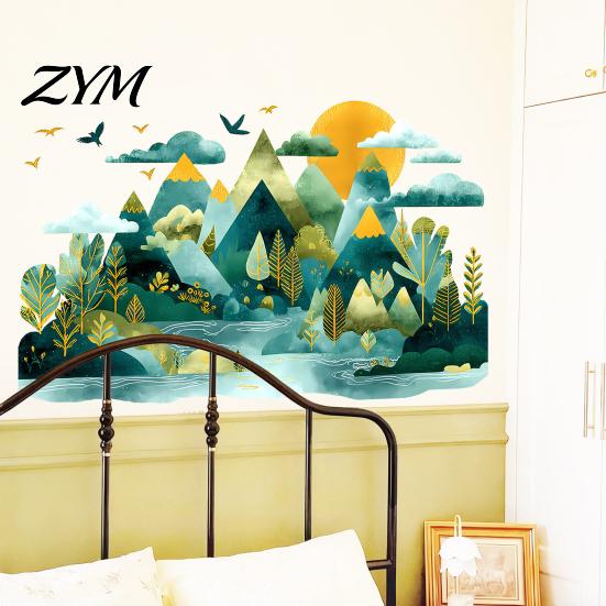 Indoor Outdoor Window Film 2Pcs Watercolor Mountain Wall Sticker, Peel And Stick Landscape Decal, PVC Waterproof Scenery Fresh Style Home Decoration