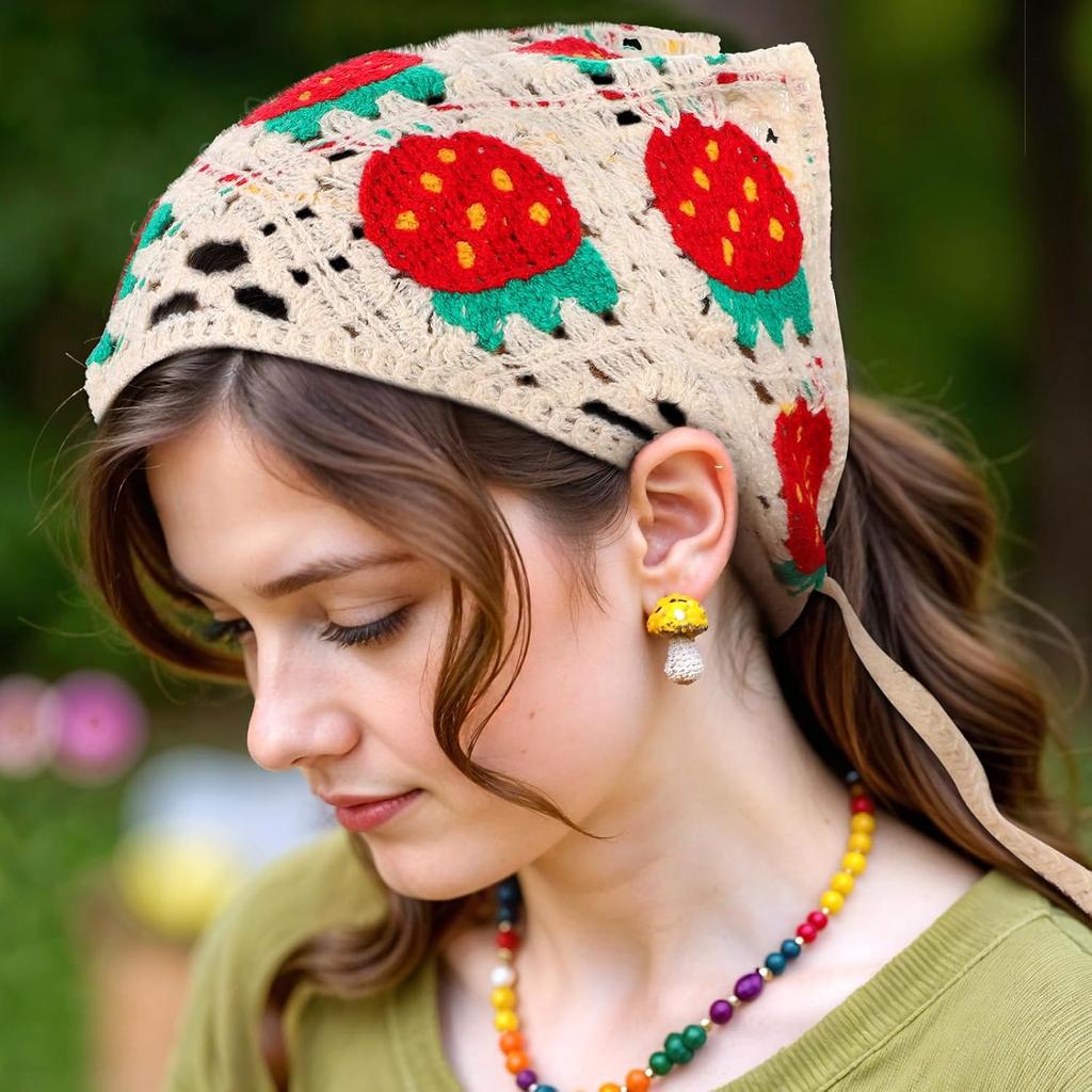 2pcs Crochet Headband,Knitted Strawberry Bandana Headband Boho Headscarf Vintage Head Kerchief for Women Knitted Hair Bandanas Kawaii Vintage
