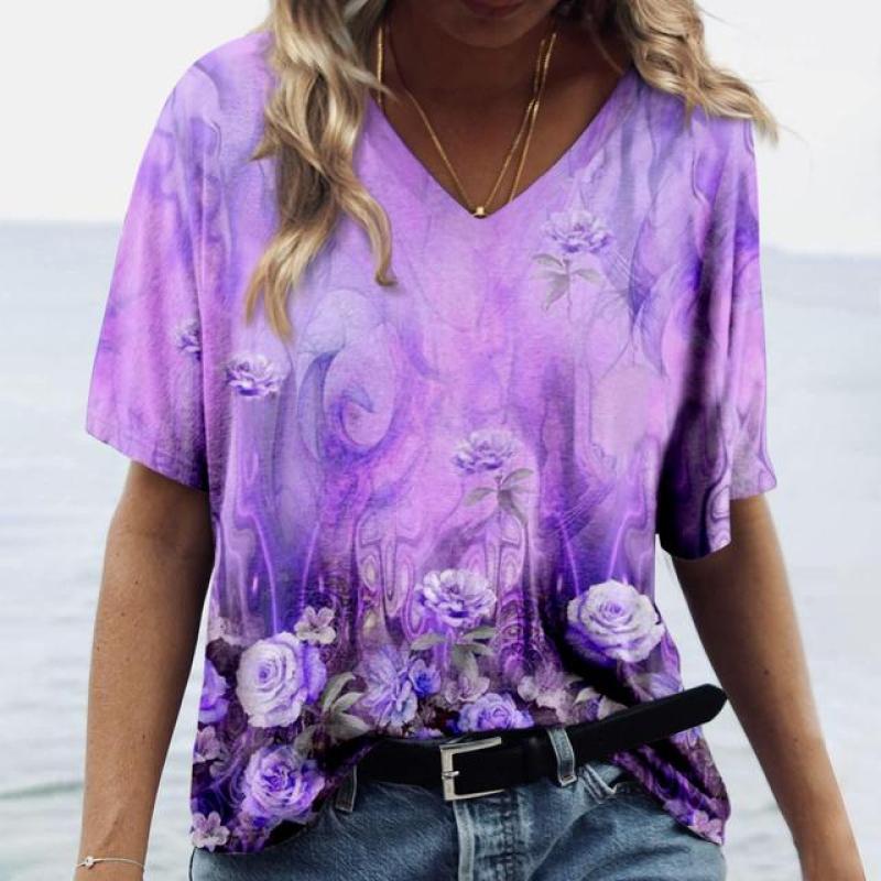 Summer Flower T-shirt Flower 3D Printed Women's V-neck Short Sleeve