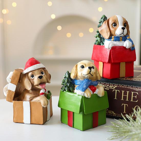 Christmas Puppy Resin Ornament Cute Puppy in Scarf Figurine Christmas Showcase Desk Home Office Decorations
