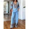 Gentle Temperament Printed Top Set, Classic Bohemian Pattern, Loose Wide-leg Pants for Summer Casual Wear