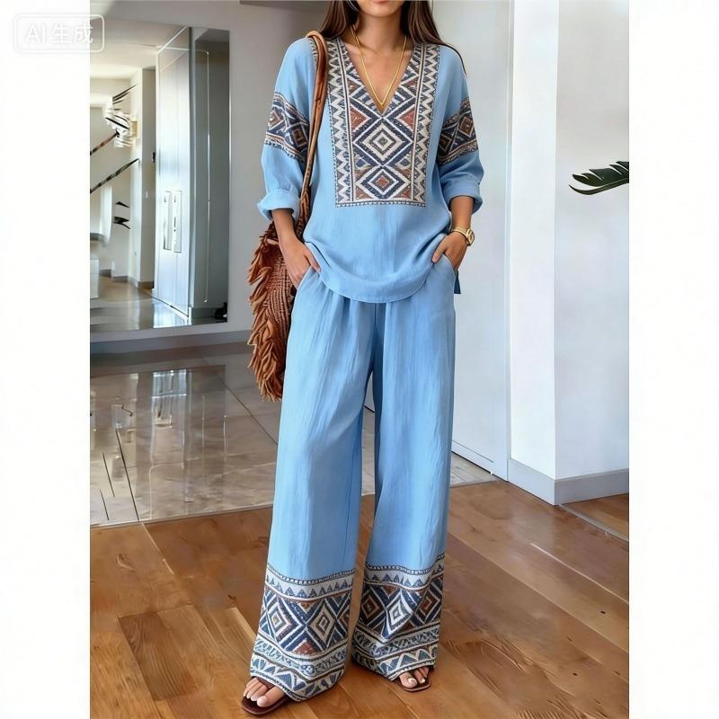 Gentle Temperament Printed Top Set, Classic Bohemian Pattern, Loose Wide-leg Pants for Summer Casual Wear