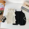 Korean Style Summer Cotton Polka Dot Top & Solid Color Overalls Set for Baby Girls with Headband