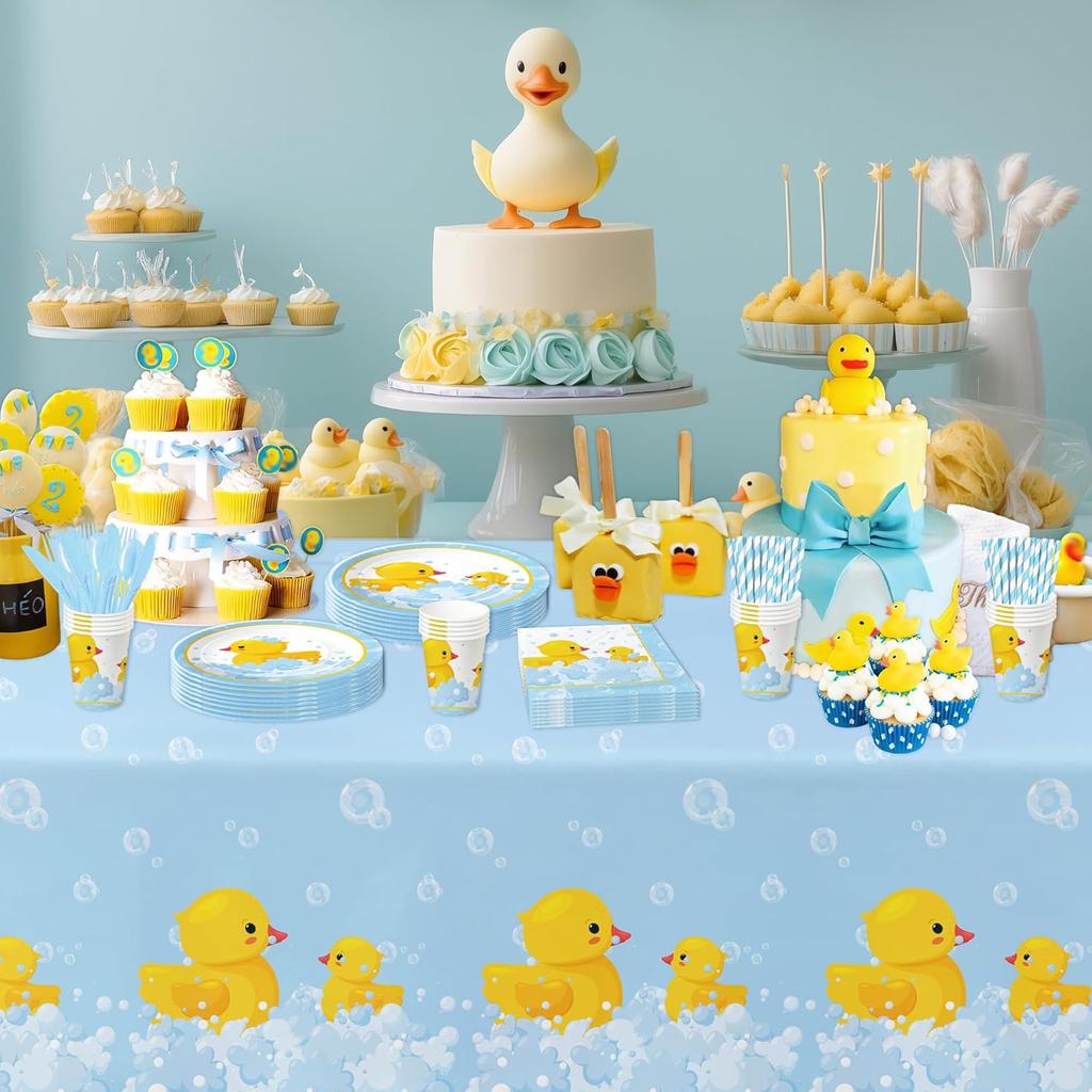 APOWBLS Rubber Duck Party Decorations Tablecloth - Disposable Duck Party Supplies Table Cover, Bubble Bath Rubber Duck Theme Table Cloth for Birthday