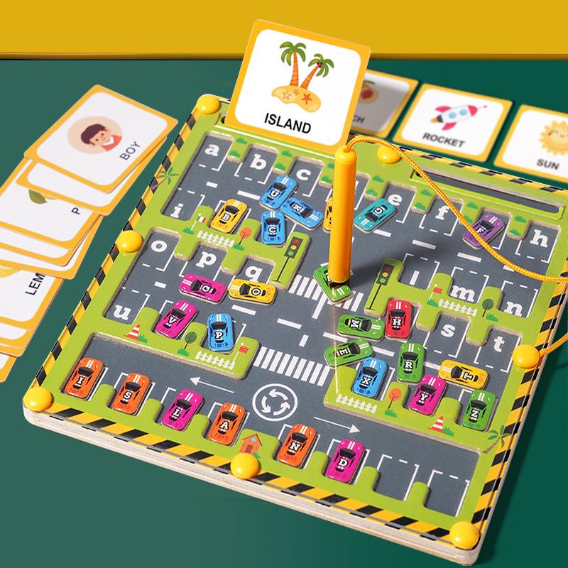 Kids' Wooden Train Garage Magnetic Maze Bead Game - Pen Control & Counting Board Educational Toy