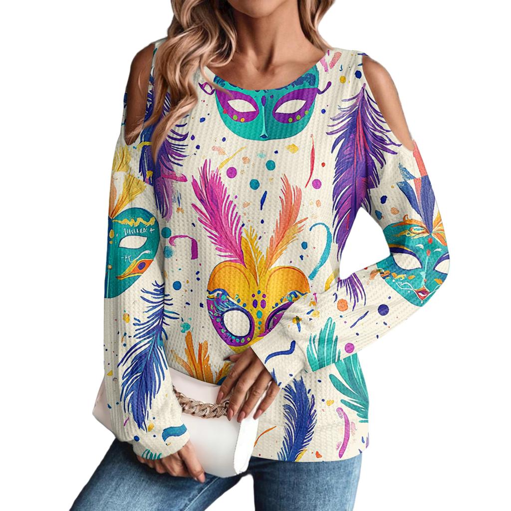 Damen Winter Oversized T-Shirt Modisch Schulterfrei Rundhals Vintage Blumendruck Pullover Langarm Oberteil