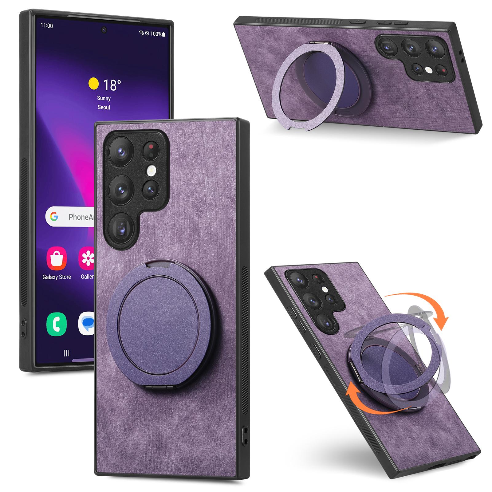 

For Samsung Galaxy S24 Ultra Phone Case with Rotating Kickstand Stress Relief Retro Leather Back Cover Purple