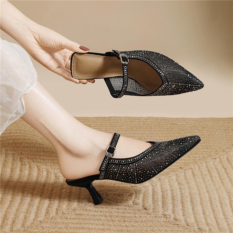 Mary Jane semi-drag sandals breathable mesh casual early spring single shoes light luxury rhinestone pointed stiletto high heels