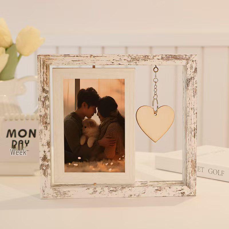 Rotating Double-Sided 6x7 Inch Wooden Photo Frame - Creative DIY Desktop Display Stand and Gift Souvenir.