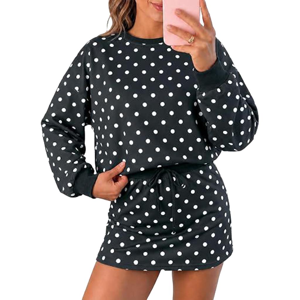 Women's Casual Two-Piece Set with Polka Dot Long Sleeve Pullover and Skirt for Everyday Wear