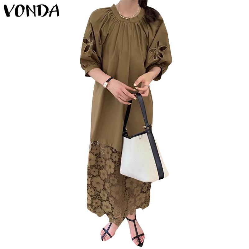 VONDA Sommer Damen Rundhals Halbarm Spitze Häkeln Patchwork Freizeitkleid