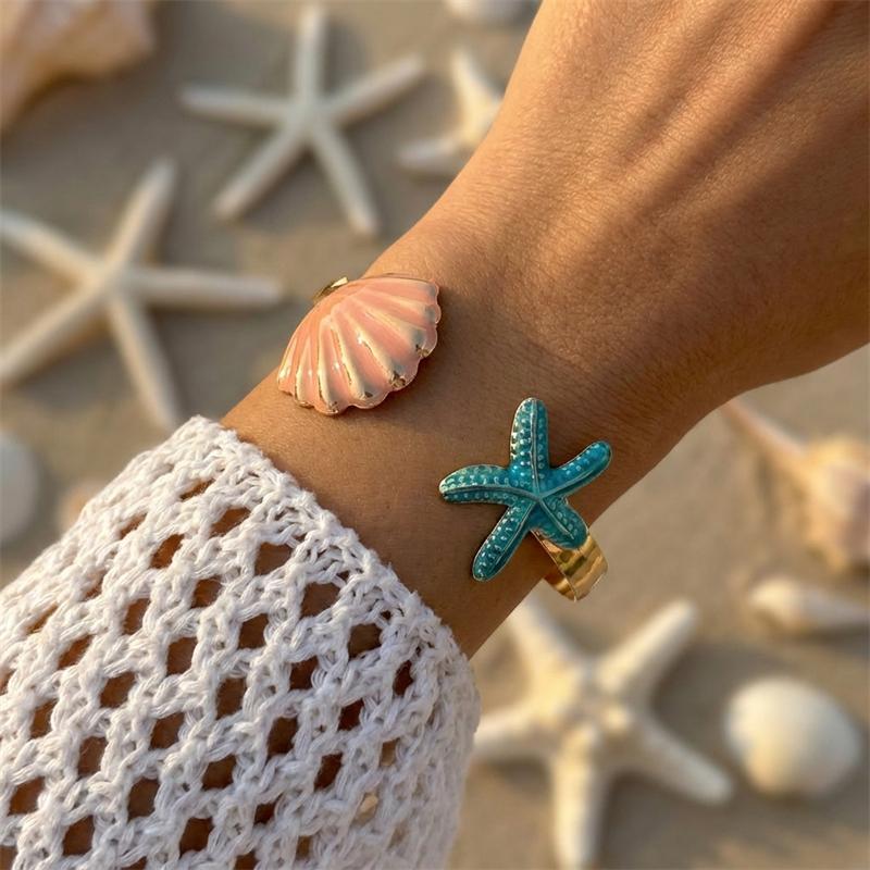 Boho Blue Enamel Metal Starfish Shell Cuff Bracelets for Women Vintage Punk Adjustable Arm Bracelet Beach Party Vacation Jewelry