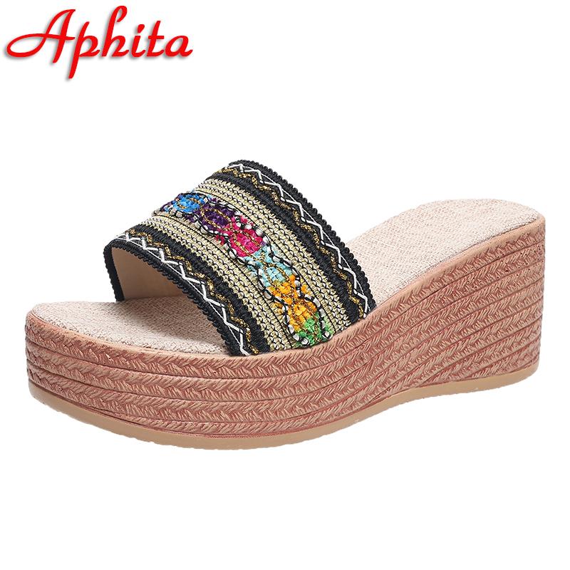 Fashion Aphixta New Embroiber Stripted 7cm High Wedge Heels Platform Slides Women Retro Plus Size 43 Slippers Outdoor Sexy Beach Shoes