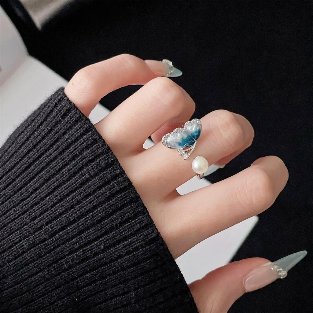 Small Fresh Butterfly Exquisite Opening Ring Enamel Sea Blue Pearl Niche Design Personalized Winding Ring Woman