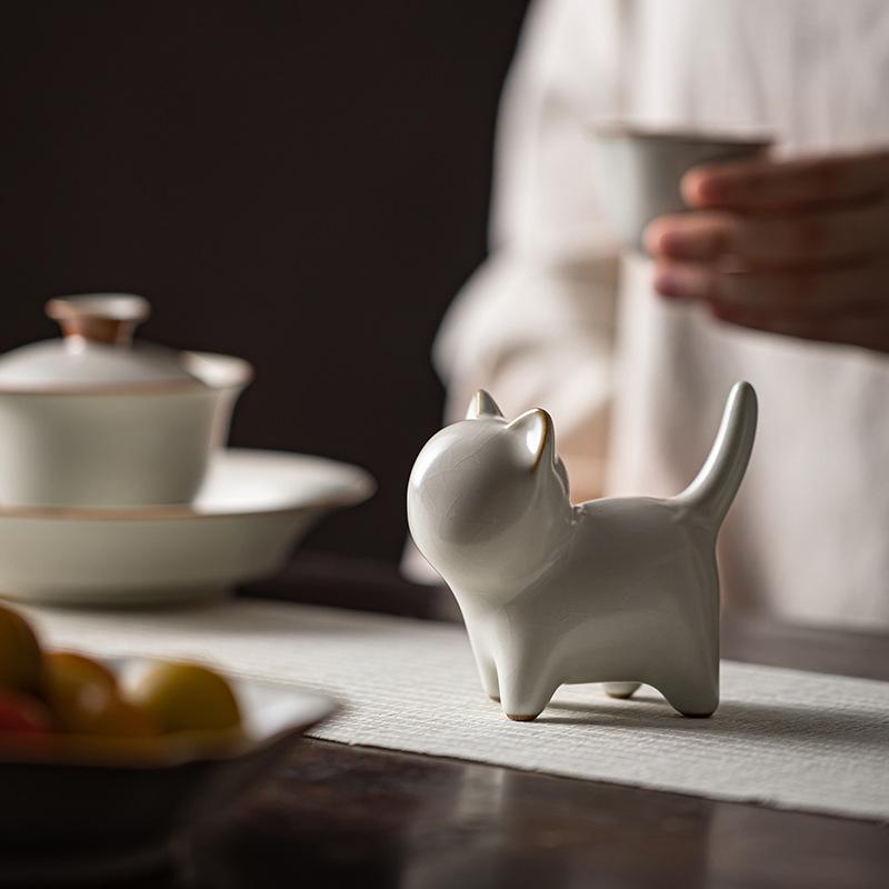 Creative Cat Cream Ru Kiln Ceramic Tea Pet Cute Cat Tea Play Ornaments Can Raise Chinese Art Pen Holder Teapot Lid Stand Tea Set